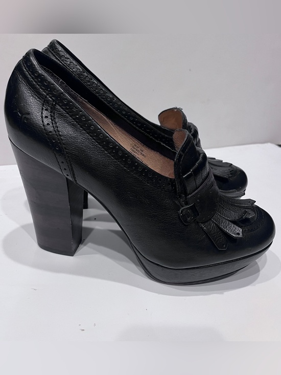 Frye Naya Kiltie Moc Heels Black Leather Loafer Pumps Size 10